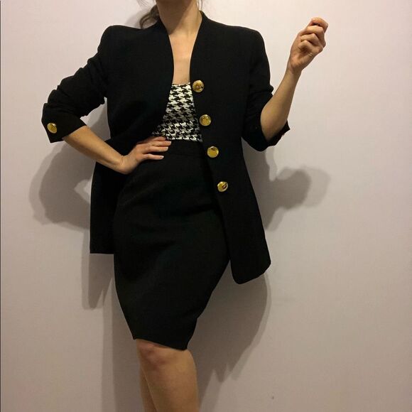 VINTAGE 80s Genny Black Blazer Skirt Suit Set Sz 6 2piece Monochrome Office CEO - Picture 1 of 15